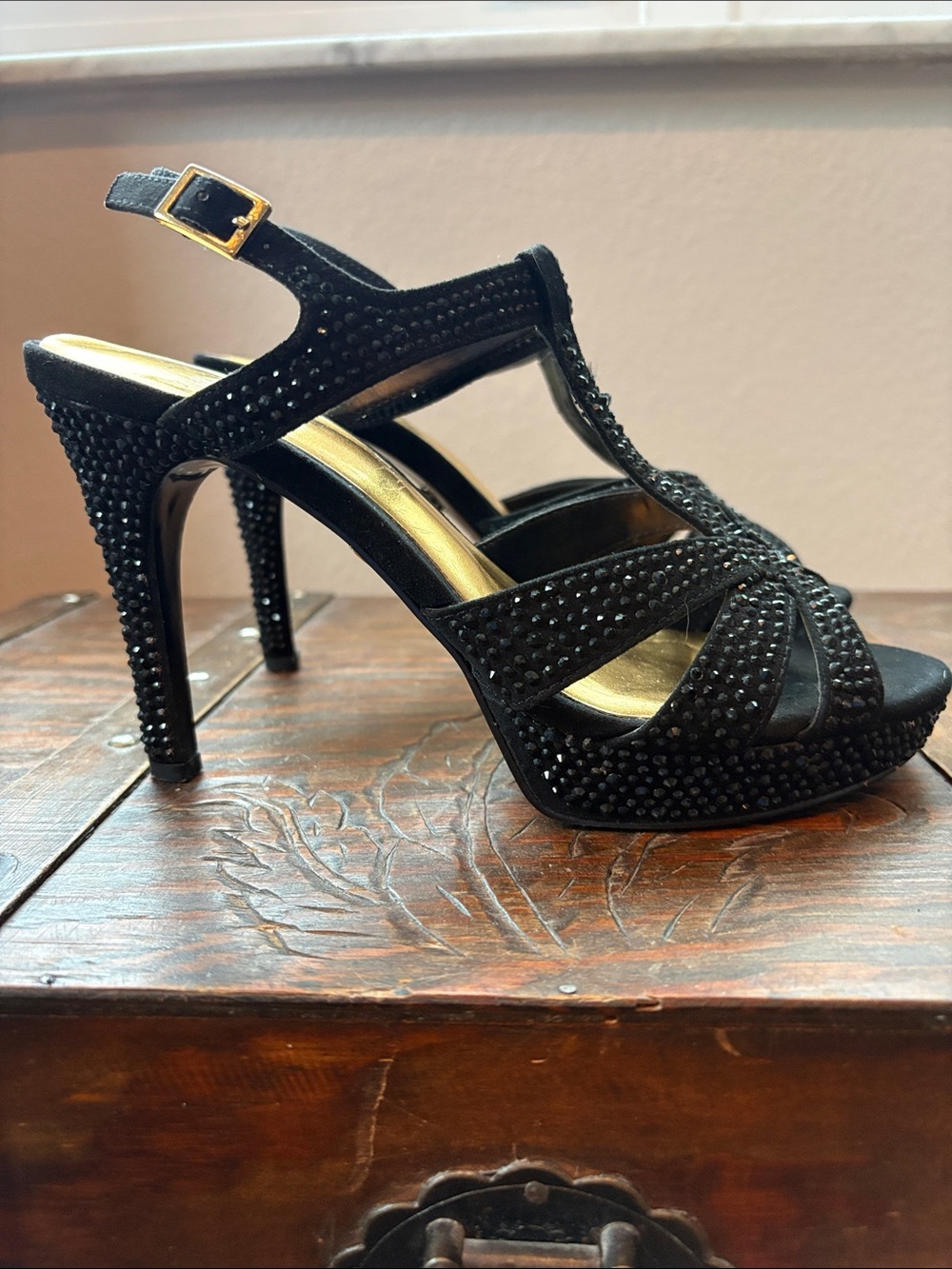 Thalia Sodi Black Crystal-Embellished Strappy High Heels